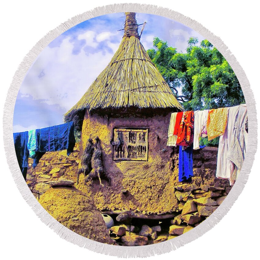 Mali Round Beach Towel featuring the photograph Laundry Day - Dogon Village Mali by Dominic Piperata