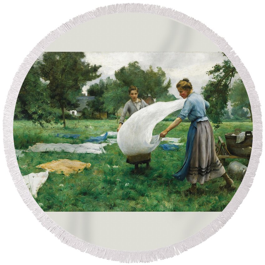 Therese Marthe Francoise Cotard-dupre Round Beach Towel featuring the painting Laundry by Therese Marthe Francoise Cotard-Dupre