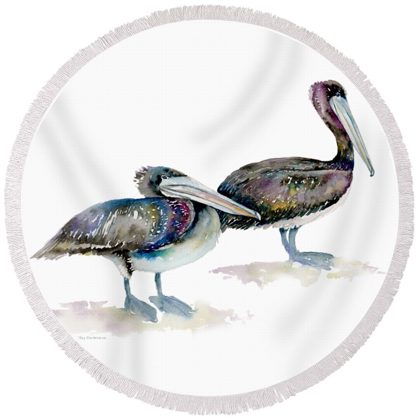 Brown Pelican Round Beach Towel featuring the painting Laurel and Hardy, Brown Pelicans by Amy Kirkpatrick