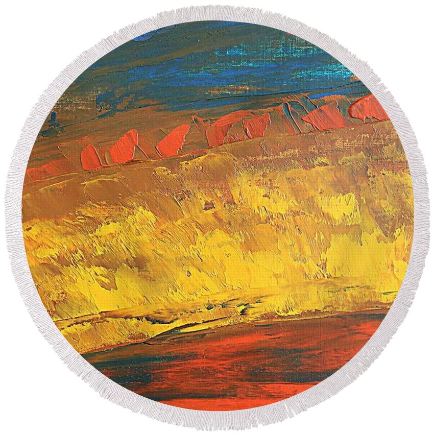 Landscape Round Beach Towel featuring the painting Lava flow by Norma Duch