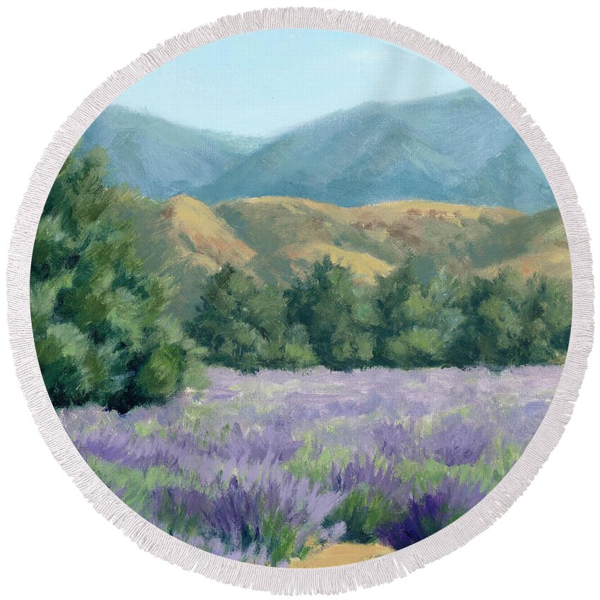 Lavender Fields Round Beach Towel featuring the painting Lavender, Blue and Gold by Sandy Fisher