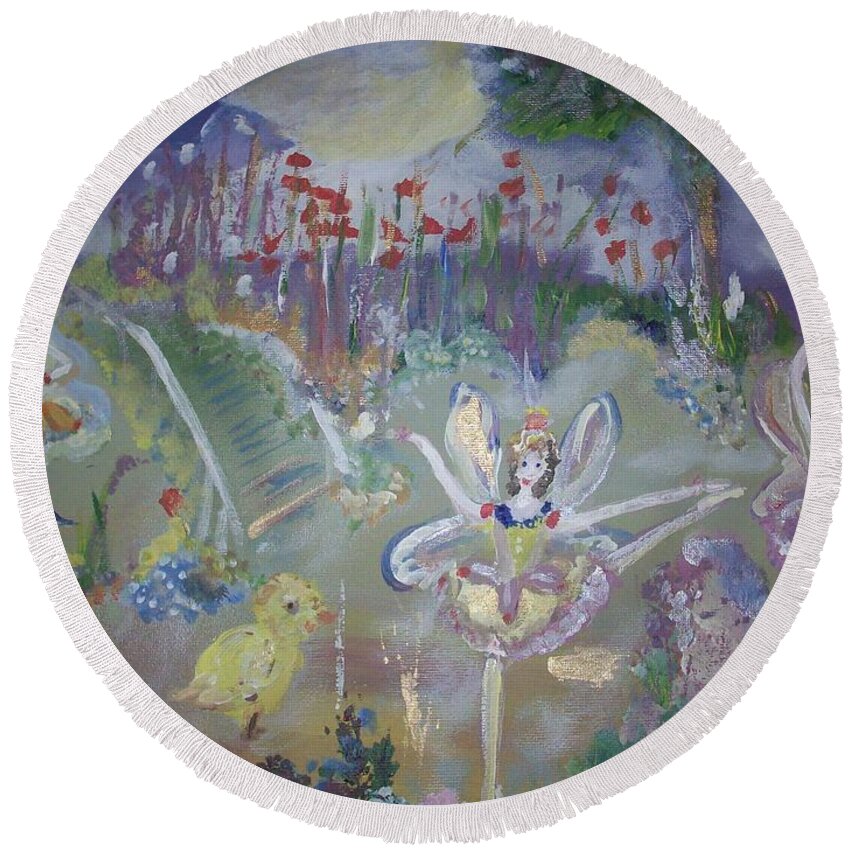 Lavender Round Beach Towel featuring the painting Lavender Fairies by Judith Desrosiers