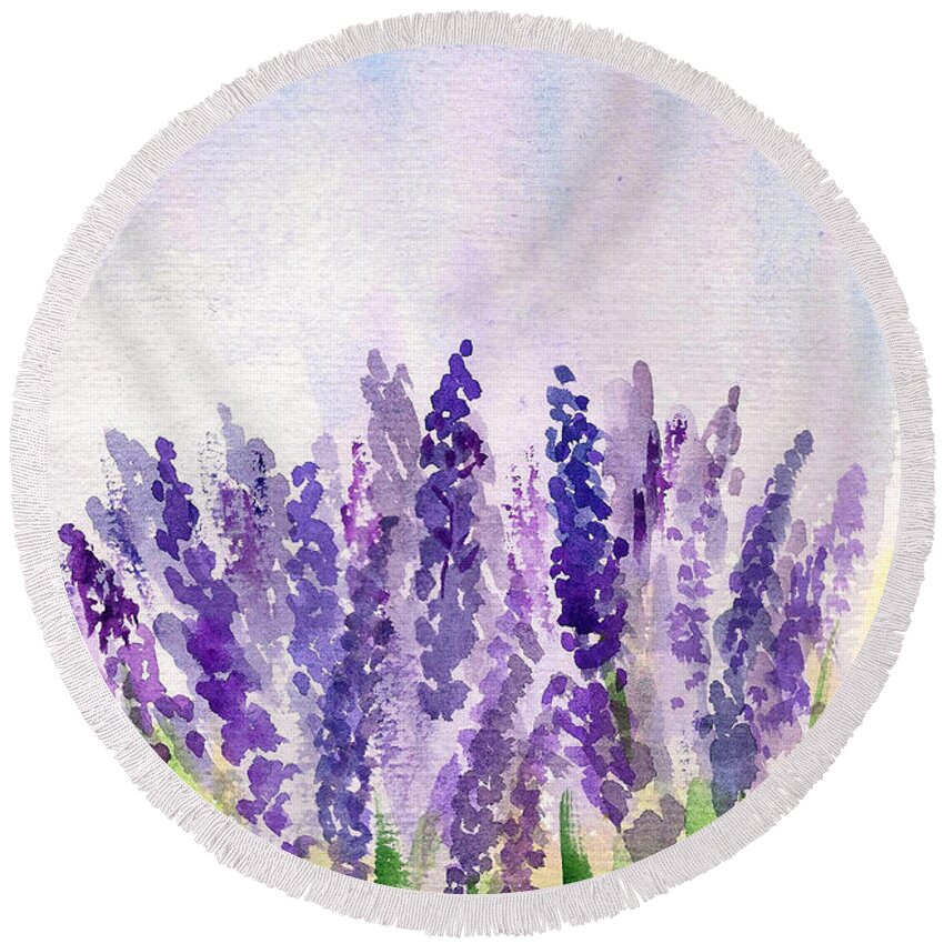 Lavender1 Round Beach Towel featuring the painting Lavender field by Asha Sudhaker Shenoy