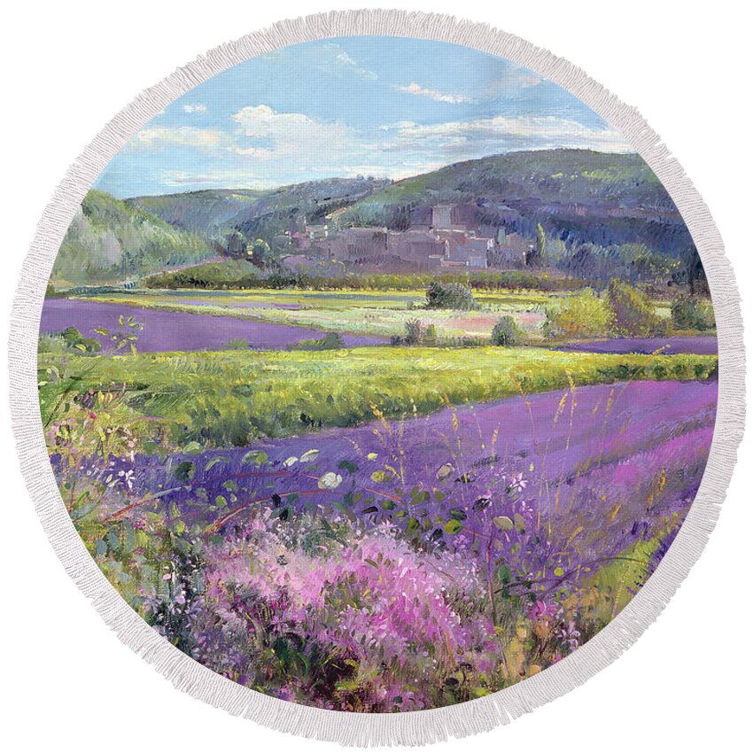 Field; South Of France; French Landscape; Hills; Hill; Landscape; Flower; Flowers Round Beach Towel featuring the painting Lavender Fields in Old Provence by Timothy Easton