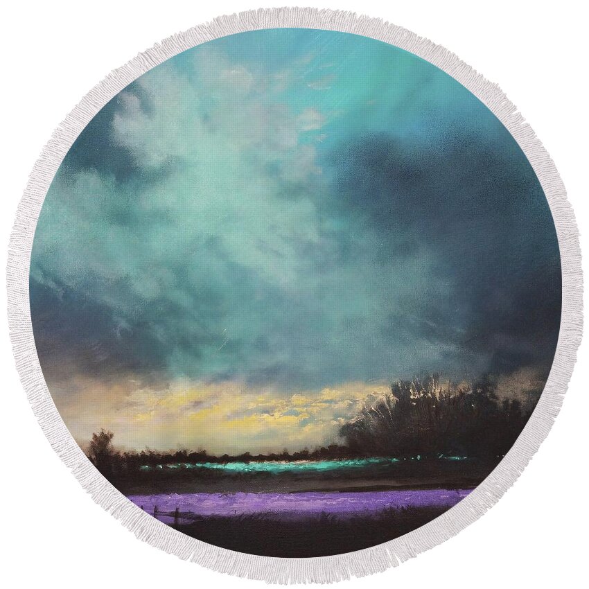 Blue And Lavender; Contemporary Landscape; Tom Shropshire Painting Round Beach Towel featuring the painting Lavender Fields by Tom Shropshire