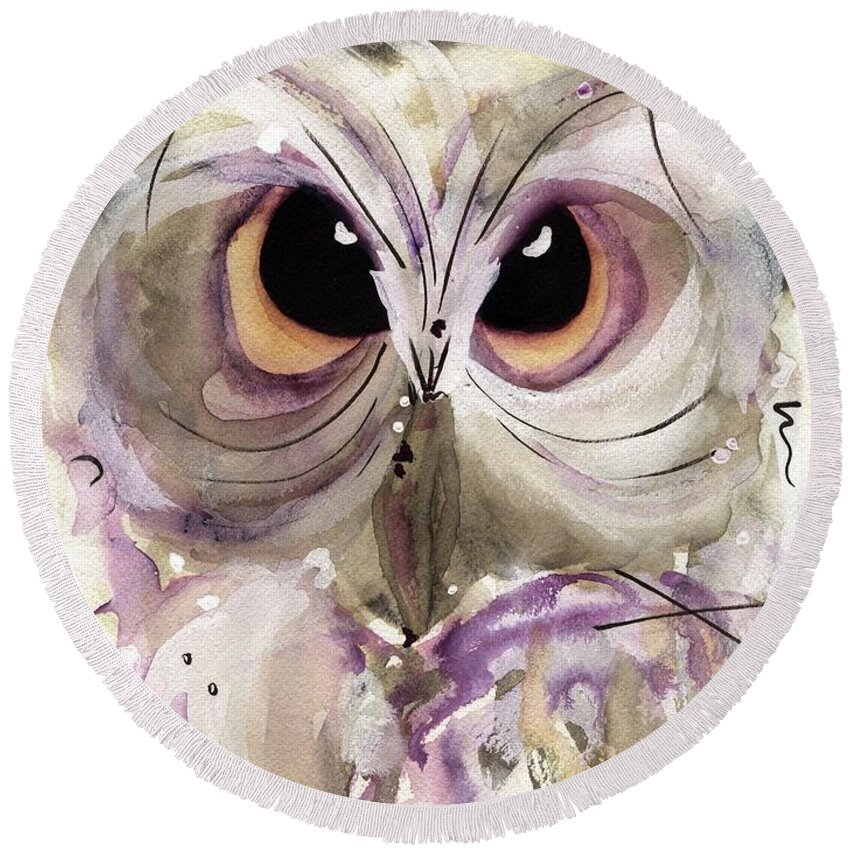 Owl Round Beach Towel featuring the painting Lavender Owl by Dawn Derman