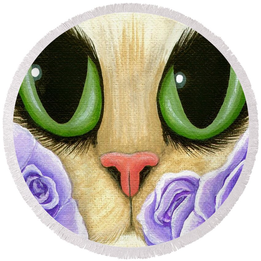 Green Eyes Cat Round Beach Towel featuring the painting Lavender Roses Cat - Green Eyes by Carrie Hawks