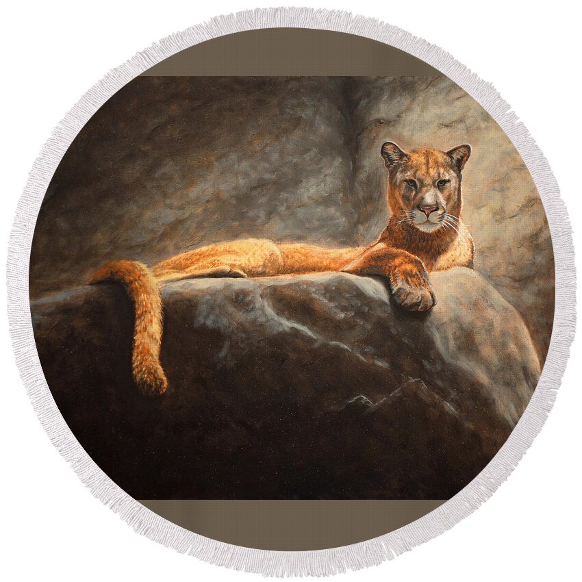 Cougar Round Beach Towel featuring the painting Laying Cougar by Linda Merchant
