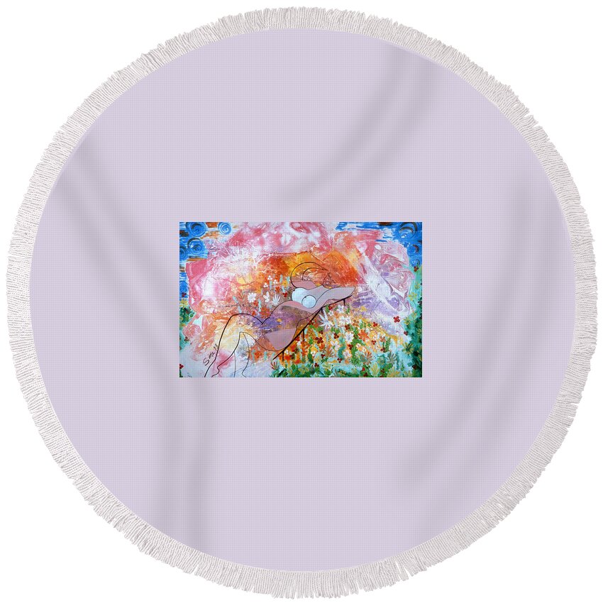 Landscape Round Beach Towel featuring the painting Laying in the garden by Sima Amid Wewetzer