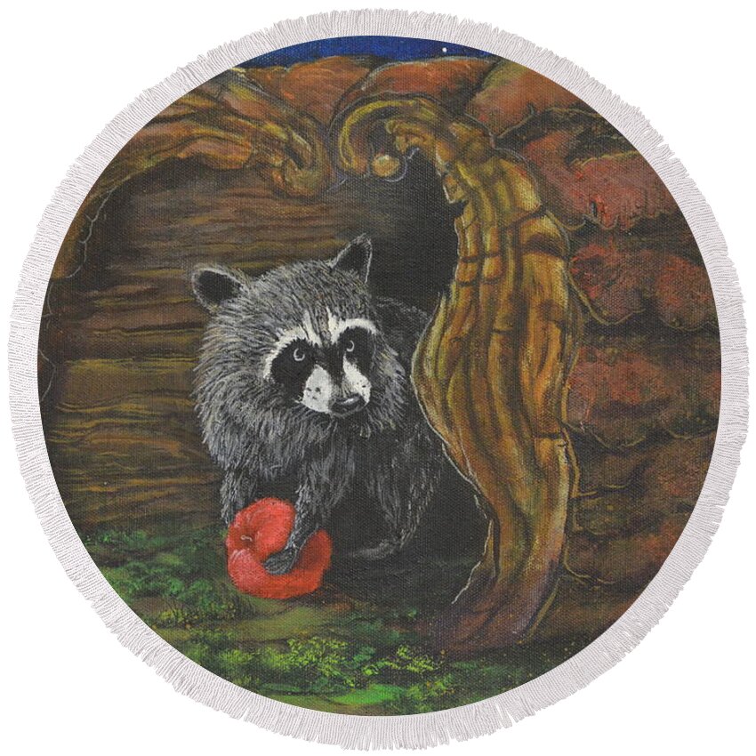Raccoon Round Beach Towel featuring the painting Laying Low by Rod B Rainey