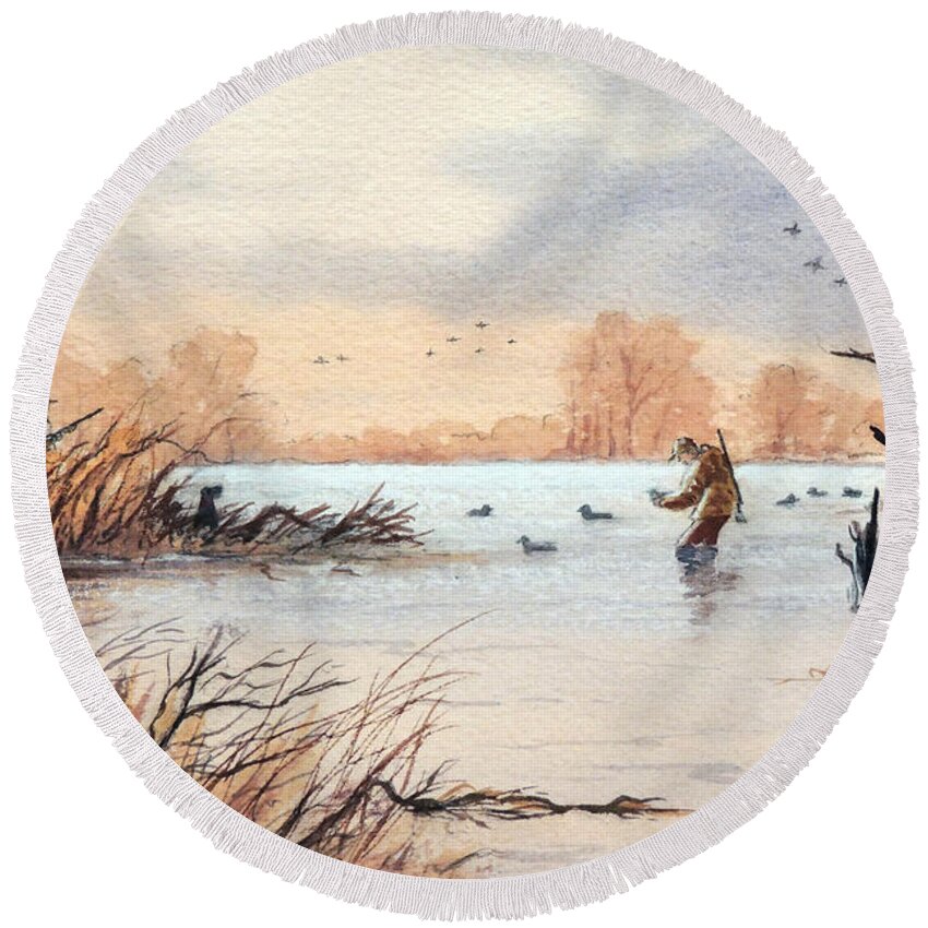 Duck Hunting Round Beach Towel featuring the painting Laying Out The Decoys I by Bill Holkham