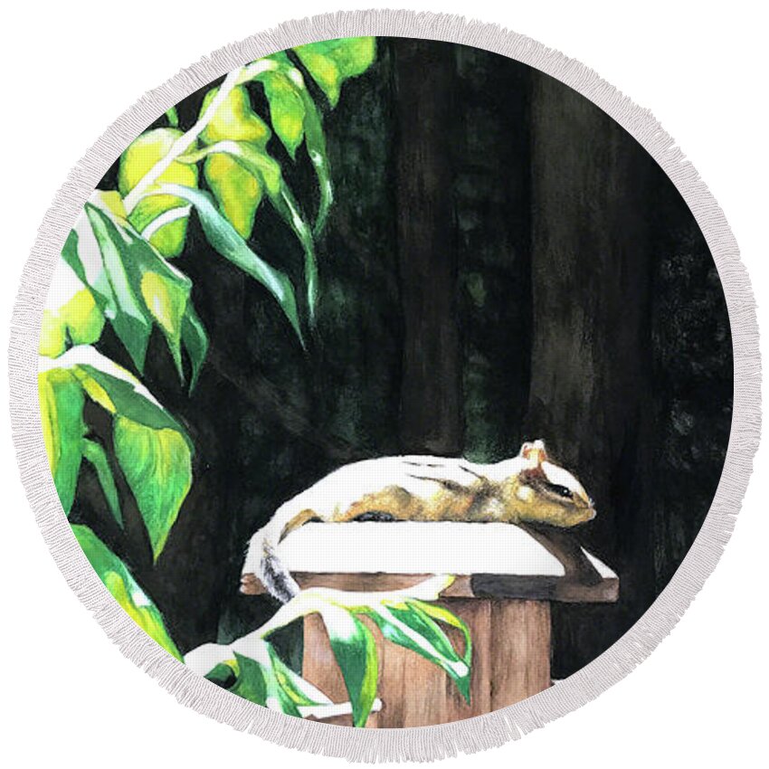 Chipmunk Round Beach Towel featuring the painting Lazy Summer Days by Patrice Clarkson