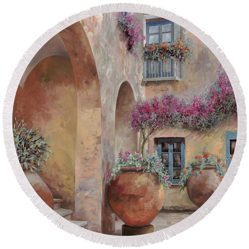 Arcade Round Beach Towel featuring the painting Le Arcate In Cortile by Guido Borelli