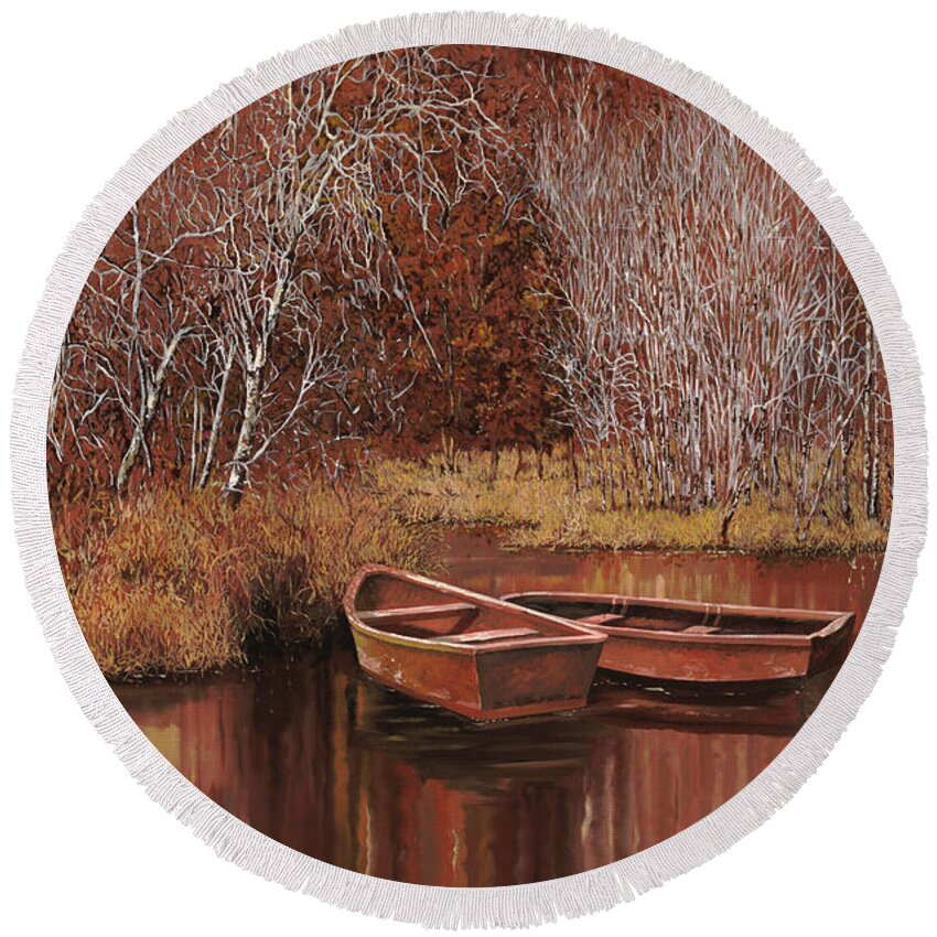 Boats Round Beach Towel featuring the painting Le Barche Allo Stagno by Guido Borelli