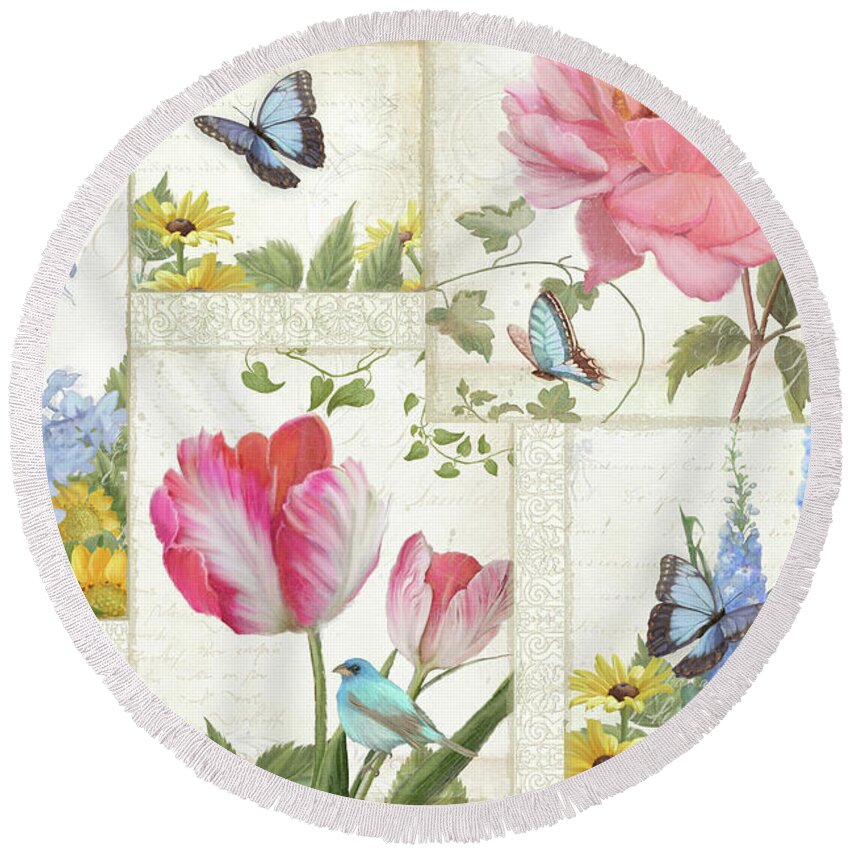 Collage Round Beach Towel featuring the painting Le Petit Jardin - Collage Garden Floral w Butterflies, Dragonflies and Birds by Audrey Jeanne Roberts
