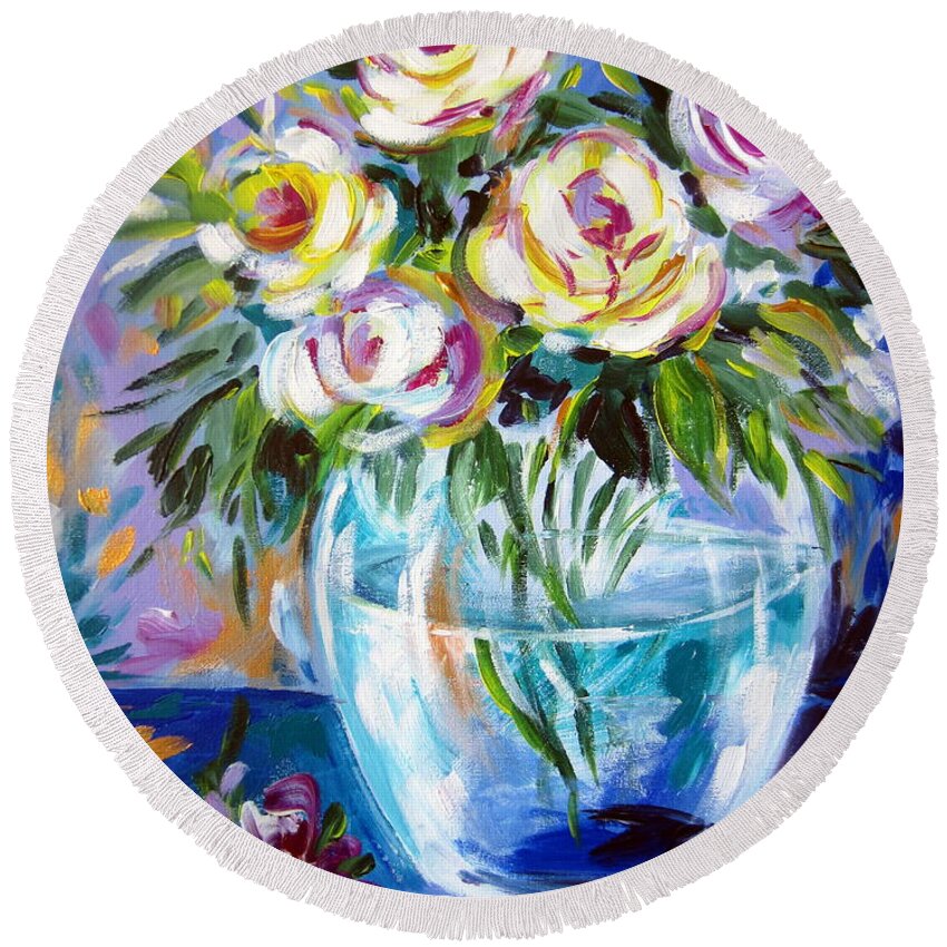 Flowers.roses Round Beach Towel featuring the painting Le Rose Bianche by Roberto Gagliardi