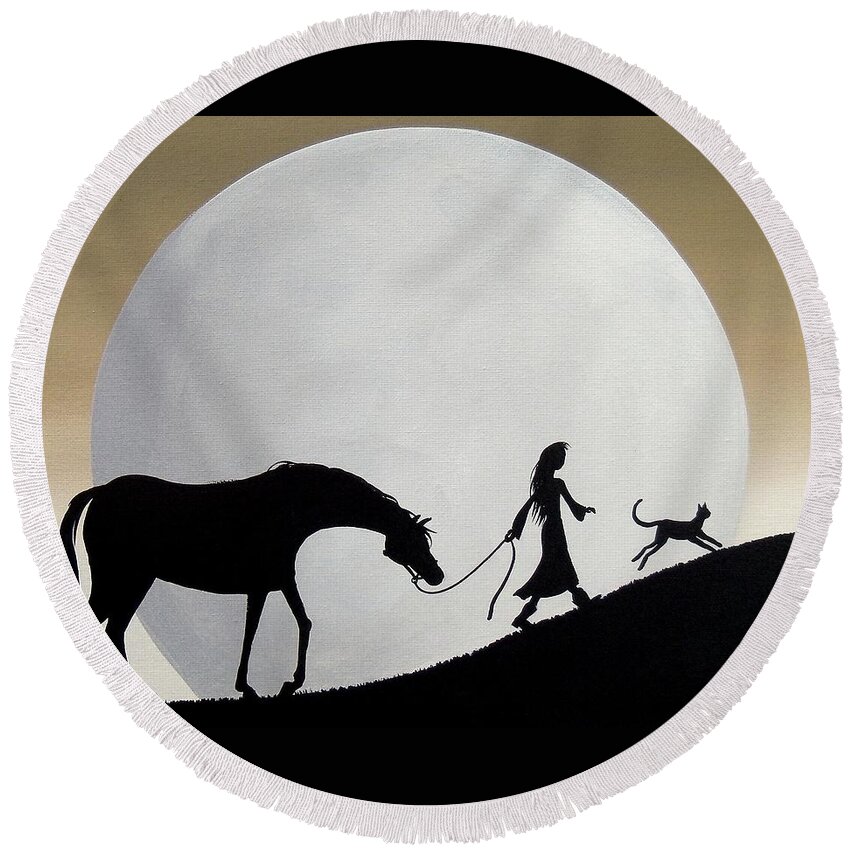 Folk Art Round Beach Towel featuring the painting Lead the way - horse cat moon girl silhouette by Debbie Criswell