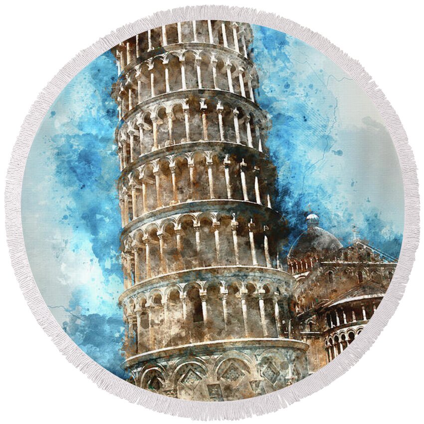 Ancient Round Beach Towel featuring the photograph Leaning Tower of Pisa in Italy by Brandon Bourdages