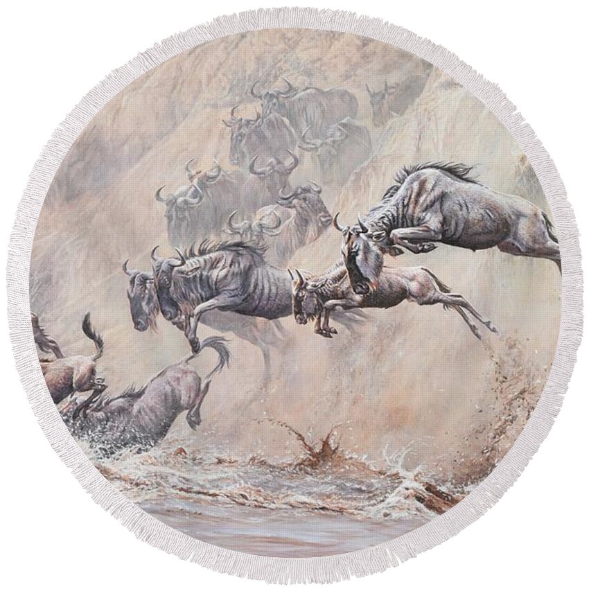 Wildlife Paintings Round Beach Towel featuring the painting Leap of Faith by Alan M Hunt
