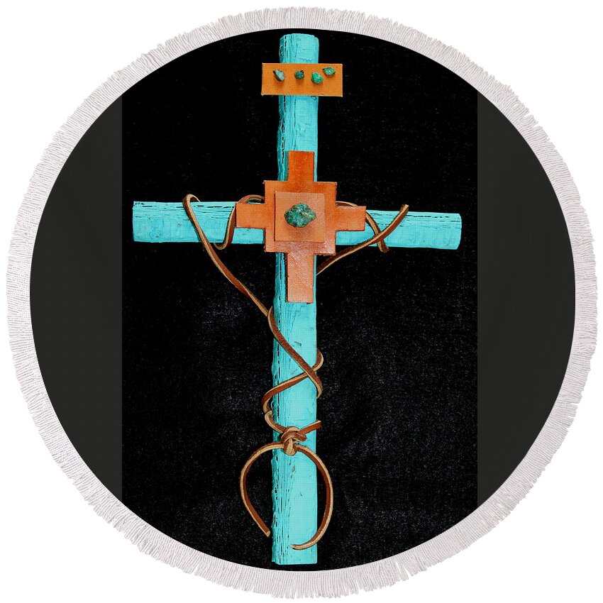 Leather Round Beach Towel featuring the mixed media Leather and Stone Cross by M Diane Bonaparte