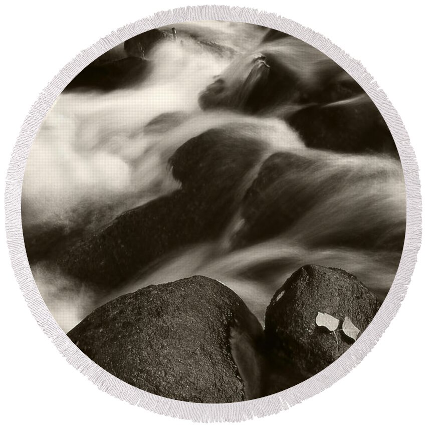 Waterfall Round Beach Towel featuring the photograph Leaves and Waterfall by Timothy Johnson