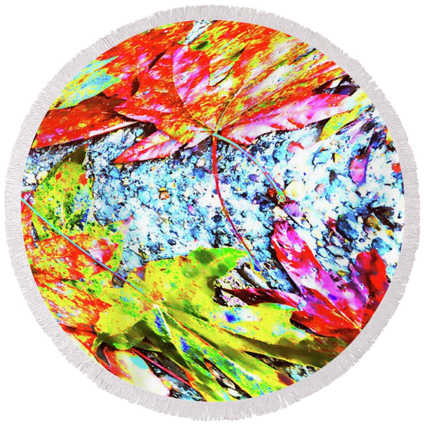 Abstract Leaves Round Beach Towel featuring the digital art Leaves in a swirl by Cathy Anderson