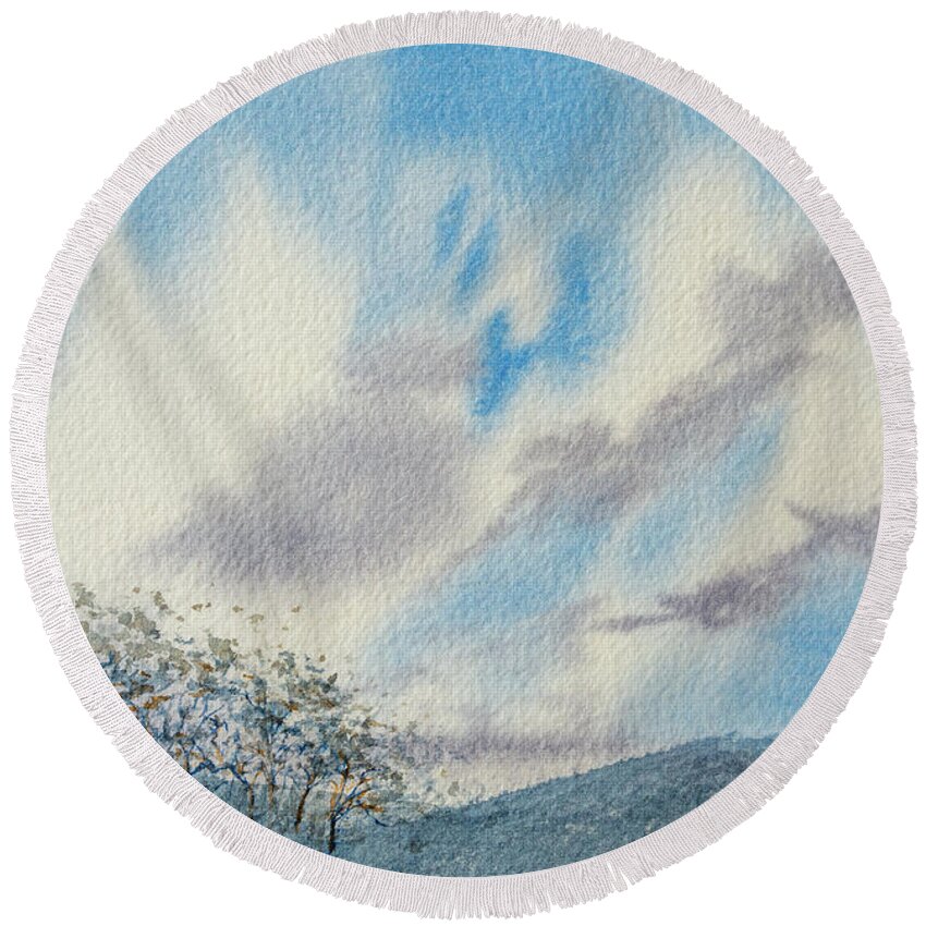 Beautiful Round Beach Towel featuring the painting The Blue Hills of Summer by Dorothy Darden