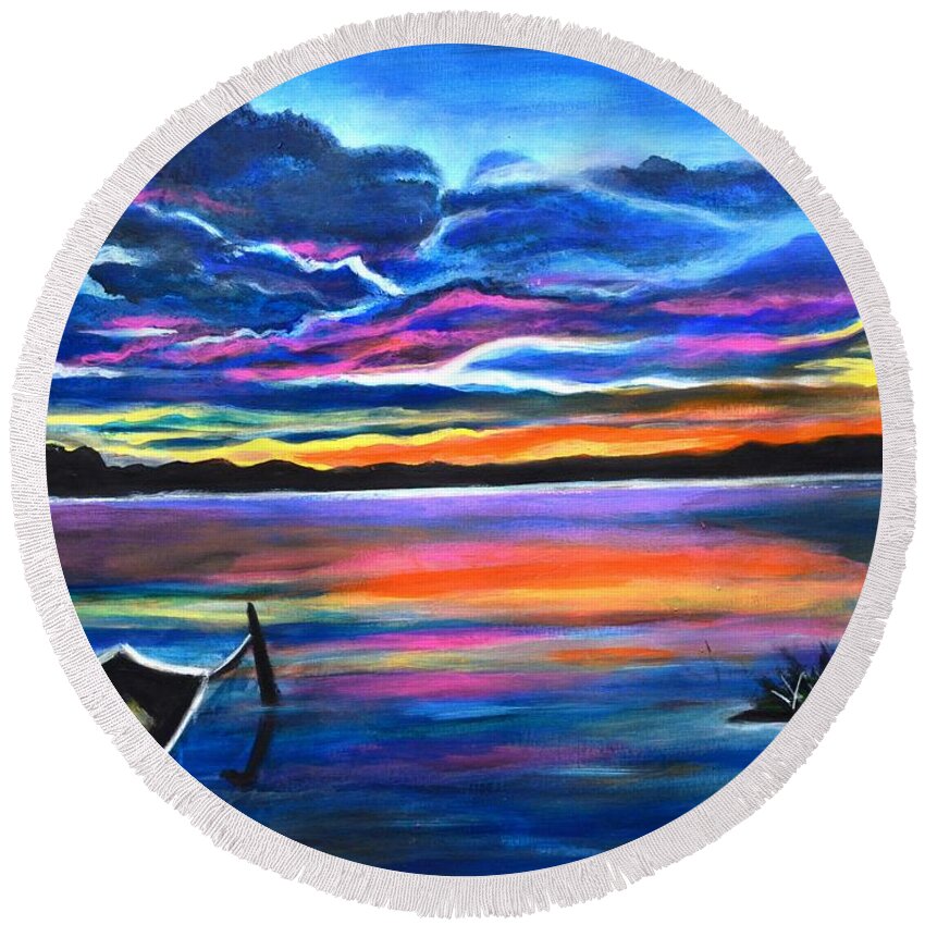 Boat Round Beach Towel featuring the painting Left Alone a seascape boat painting at sunset by Manjiri Kanvinde