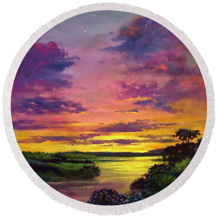 Legend Round Beach Towel featuring the painting Legend Of A Sunset #1 by Rand Burns