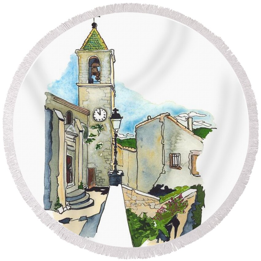 Haute Provence Villages Round Beach Towel featuring the painting L'Eglise St Martin, Dauphin, Haute Provence by Joan Cordell