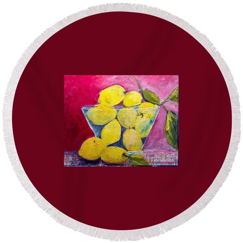 Lemons Round Beach Towel featuring the painting Lemon Twist by Sherry Harradence