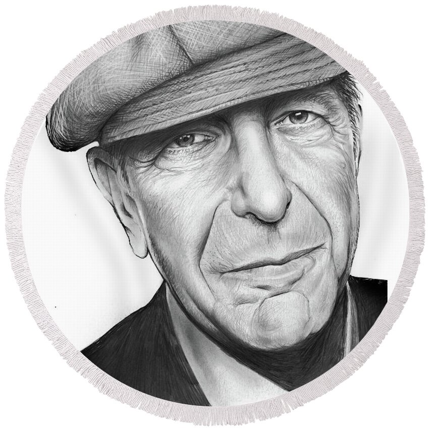 Leonard Cohen Round Beach Towel featuring the drawing Leonard Cohen by Greg Joens