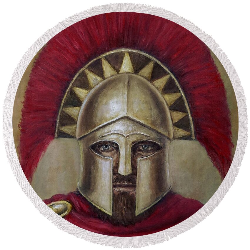 Warrior Round Beach Towel featuring the painting Leonidas I by Arturas Slapsys