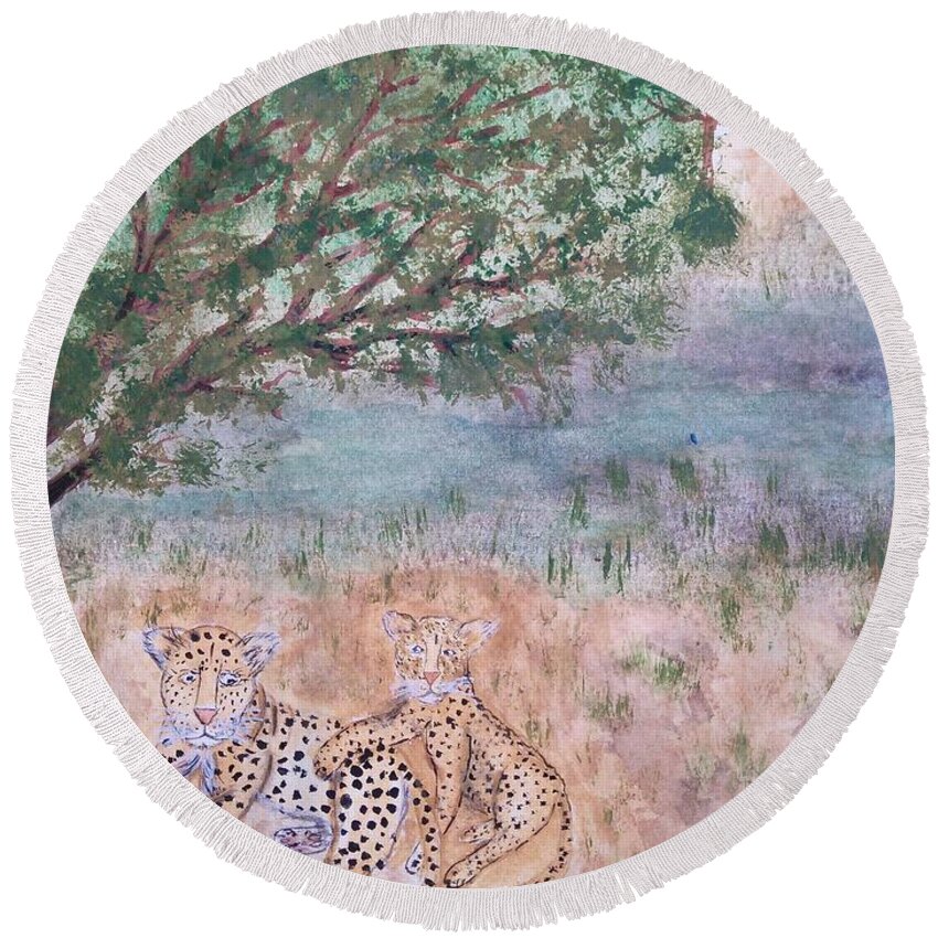  Whimsical Leopard With Cub Round Beach Towel featuring the painting Leopard Mischief by Susan Nielsen