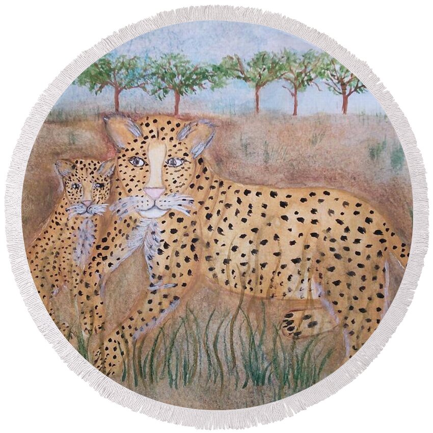 Whimsical Leopard With Cub Round Beach Towel featuring the painting Leopard with cub by Susan Nielsen
