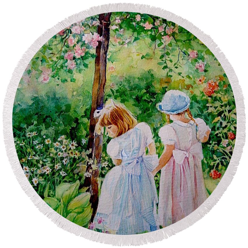 Girl Round Beach Towel featuring the painting Les Fillettes by Francoise Chauray