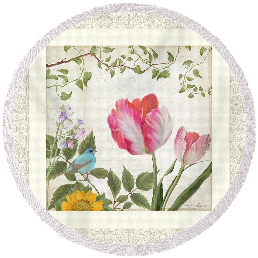 Parrot Tulip Round Beach Towel featuring the painting Les Magnifiques Fleurs I - Magnificent Garden Flowers Parrot Tulips n Indigo Bunting Songbird by Audrey Jeanne Roberts