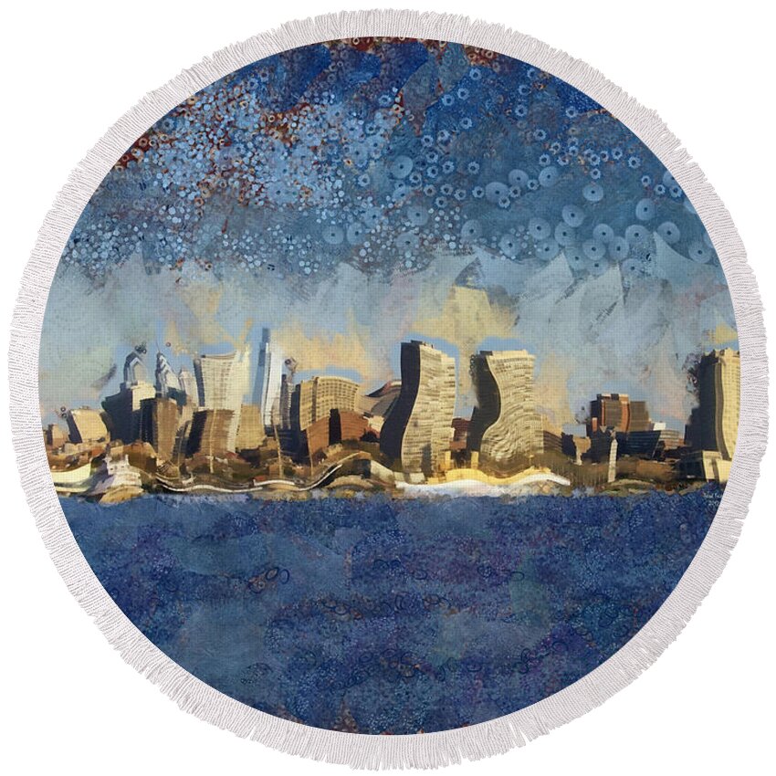 Building Round Beach Towel featuring the mixed media Less Wacky Philly Skyline by Trish Tritz