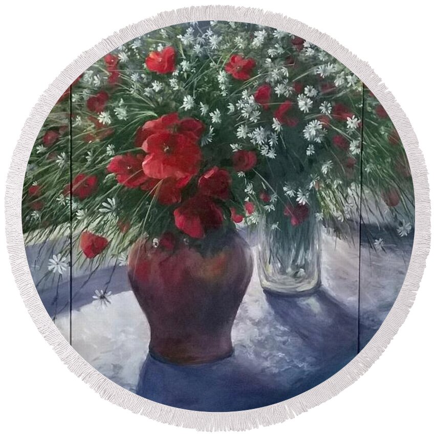 Remembrance Round Beach Towel featuring the painting Lest we Forget...triptych by Lizzy Forrester