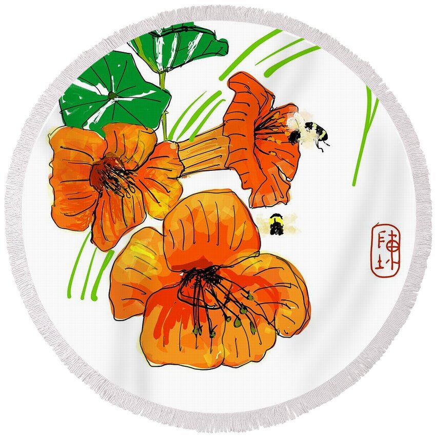 Botanical. Flower. Trumpet. Bees. Round Beach Towel featuring the painting let Trumpets blow by Debbi Saccomanno Chan