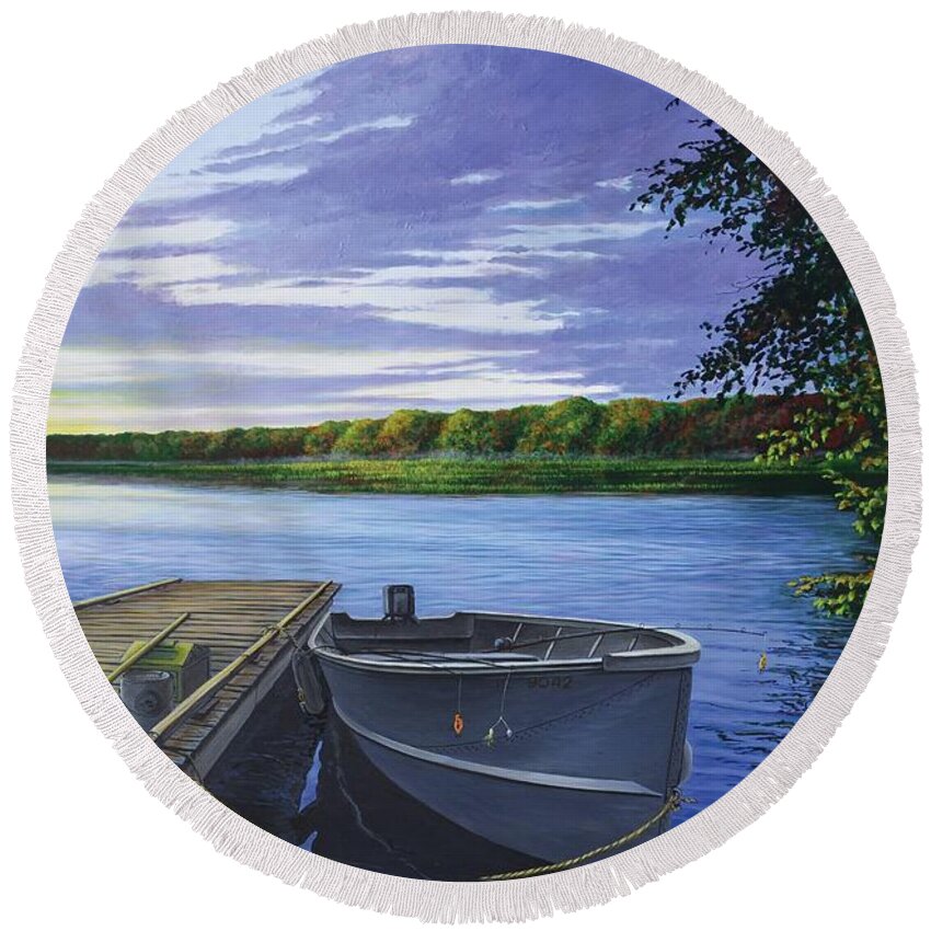 Outboard Round Beach Towel featuring the painting Let's Go Fishing by Anthony J Padgett