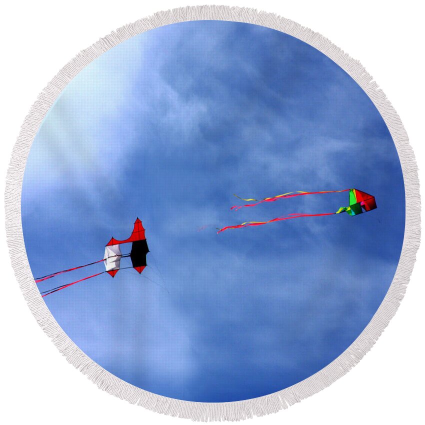 Kites Round Beach Towel featuring the photograph Let's Go Fly 2 Kites by Marie Jamieson