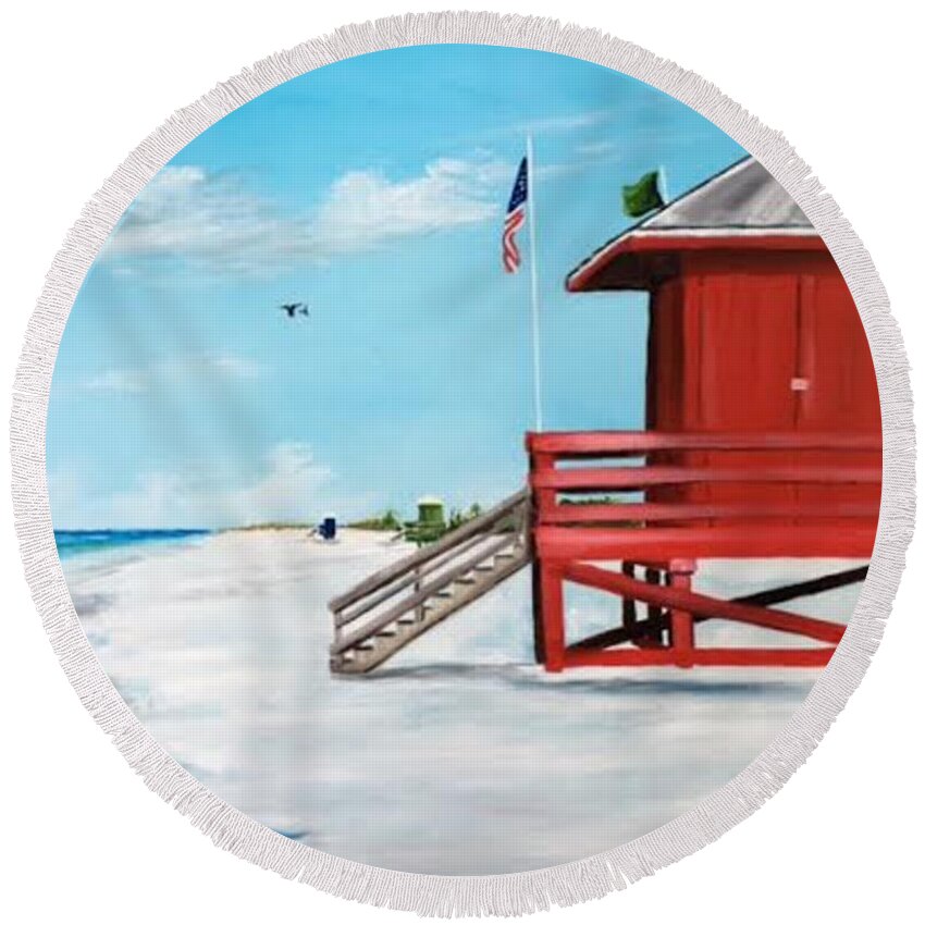Lifeguard Shack Round Beach Towel featuring the painting Let's Meet At The Red Lifeguard Shack by Lloyd Dobson