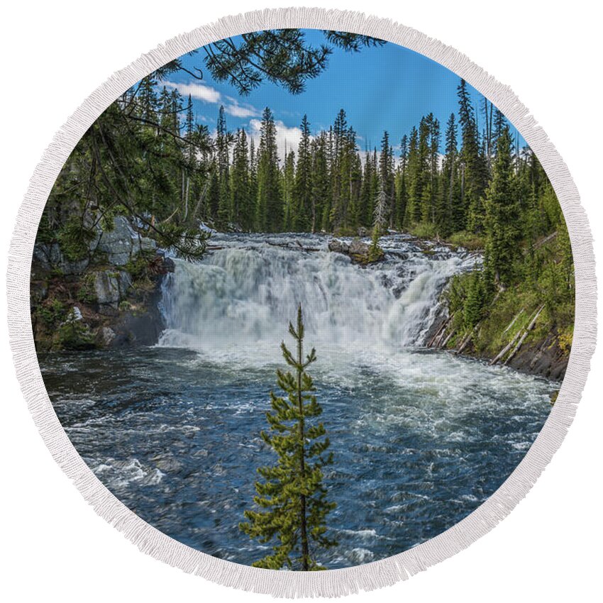 Lewis Falls Round Beach Towel featuring the photograph Lewis Falls In Yellowstone National Park by Yeates Photography