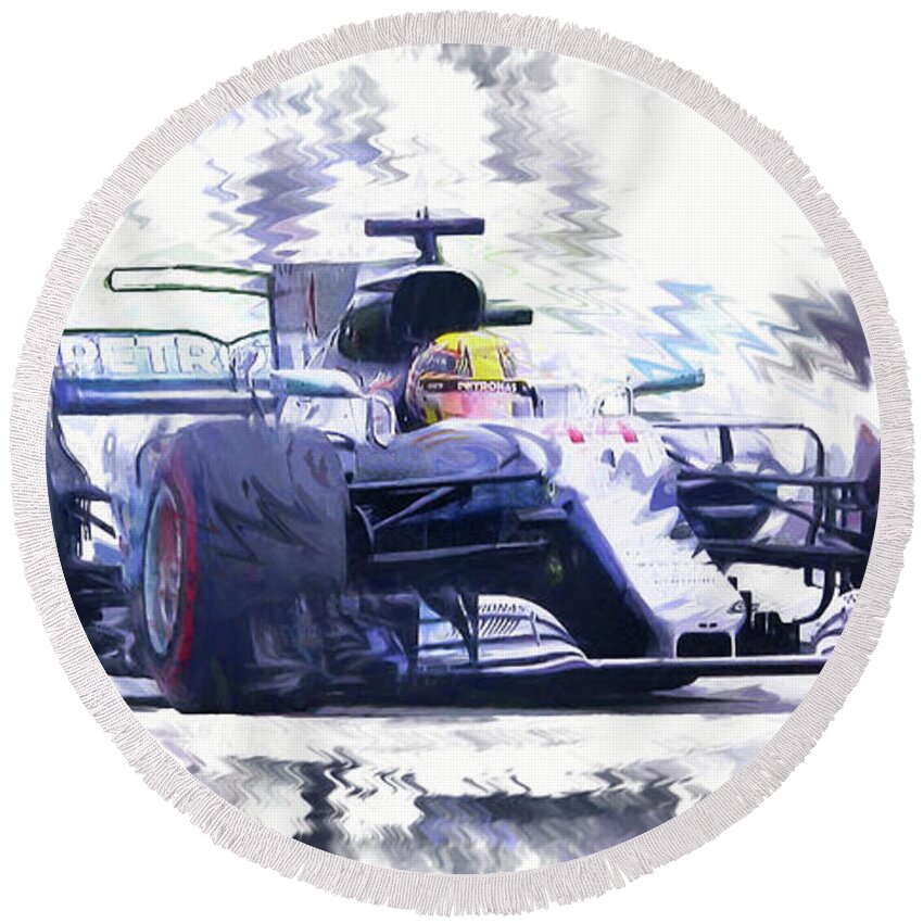 Lewis Hamilton Round Beach Towel featuring the digital art Lewis Hamilton by Roger Lighterness