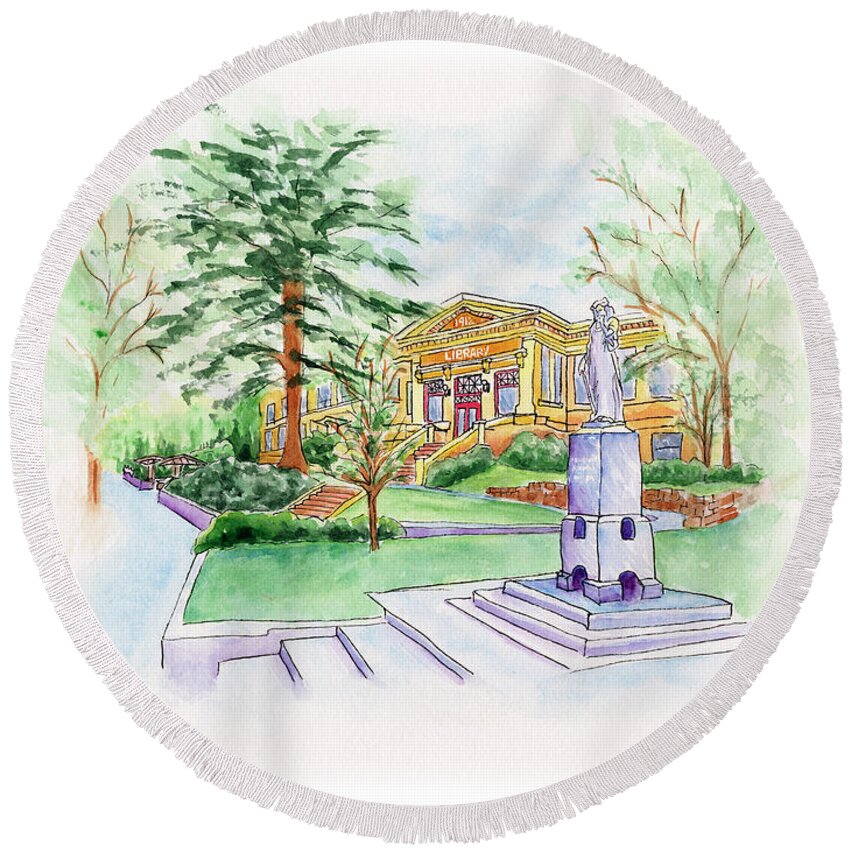 Library Round Beach Towel featuring the painting Library a Carnegie Original by Lori Taylor