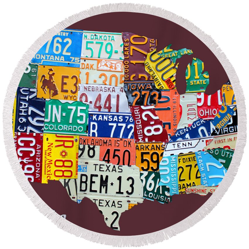 Art Round Beach Towel featuring the mixed media License Plate Map of The United States by Design Turnpike