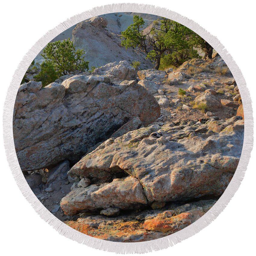Little Park Road Bentonite Site Round Beach Towel featuring the photograph Lichen Covered Boulders Above Bang's Canyon by Ray Mathis
