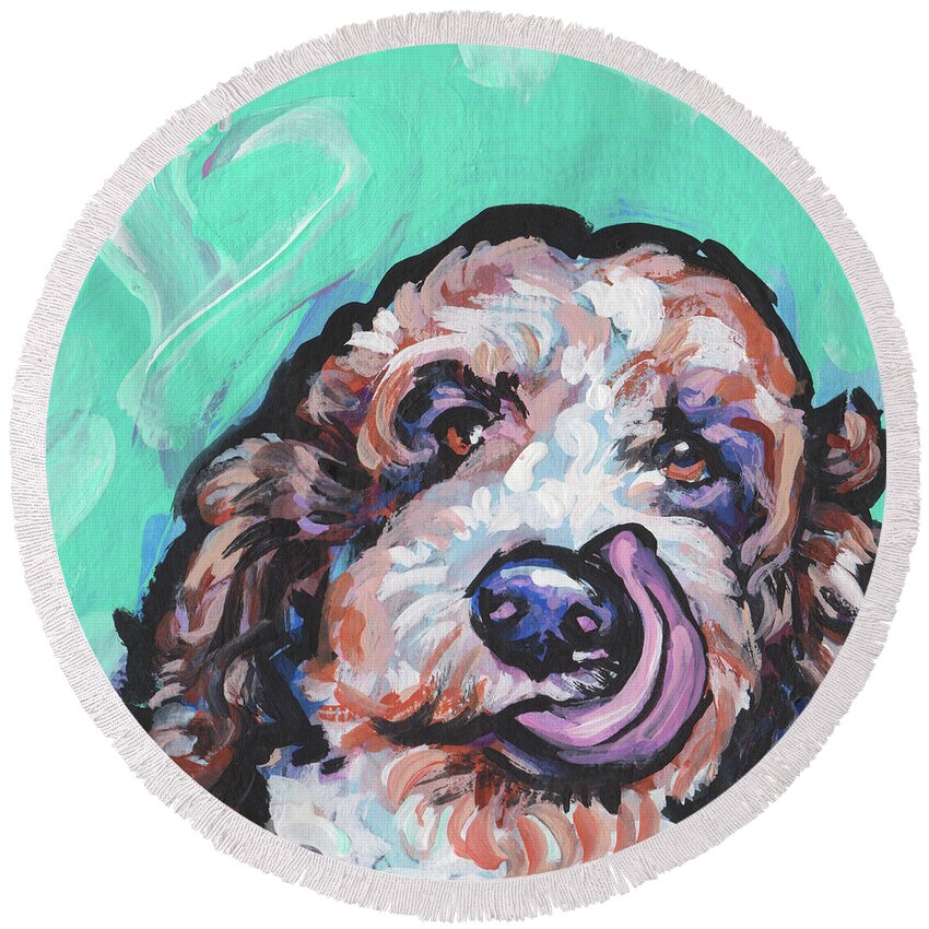 Labradoodle Round Beach Towel featuring the painting Lickety Doodle by Lea