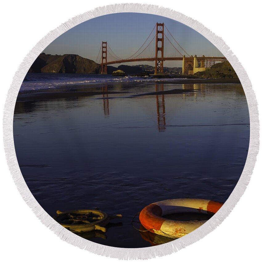 Golden Gate Bridge Tower Blue Sky Round Beach Towel featuring the photograph Life Ring And Ships Wheel by Garry Gay